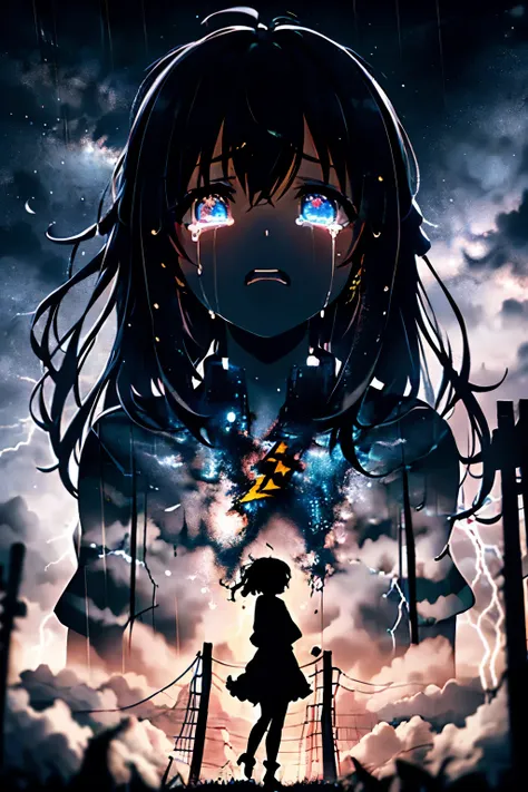 masterpiece, best quality, 1girl, solo, (silhouette:1.3), glowing eyes, tears, rain, lightning, star (sky)