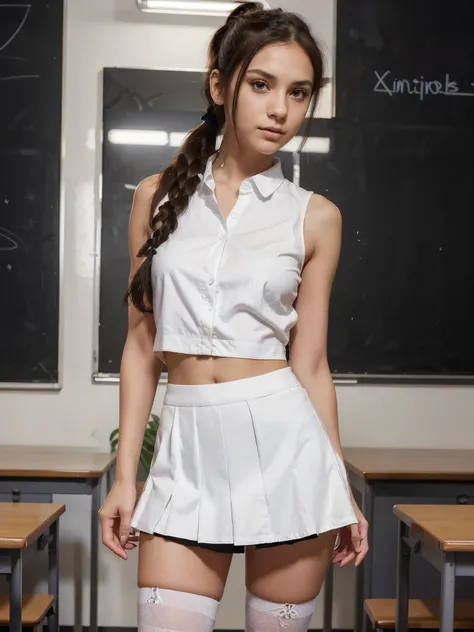 8k, RAW photo, best quality, ultra high resolution, (photorealistic), realistic photo of skinny brunette girl school student, (most beautiful brunette girl in the world, slim face, tanned skin, black hair, two ponytail hair, double ponytail hair), in the c...