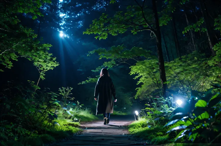 Woman walking in the forest under the moonlight。Mysterious creatures and fantastic plants appear around her..。