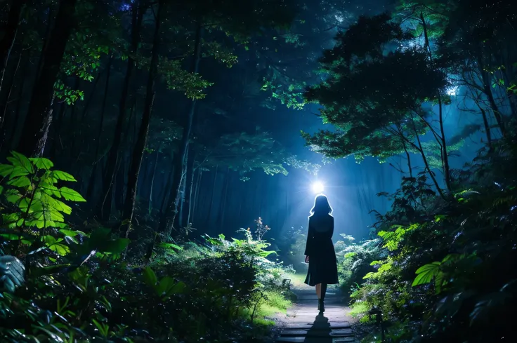 Woman walking in the forest under the moonlight。Mysterious creatures and fantastic plants appear around her..。