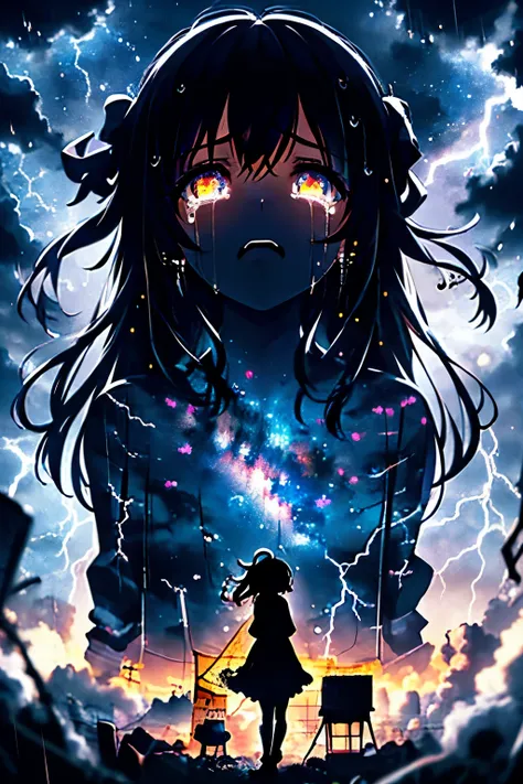 masterpiece, best quality, 1girl, solo, (silhouette:1.3), glowing eyes, tears, rain, lightning, star (sky)