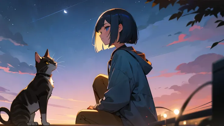 A girl with a bob looking at the beautiful night sky while listening to music with her cat