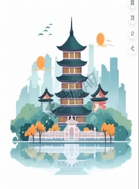 Cartoon illustration of a pagoda in the center of the city, temple background, Chinese architecture, pagoda figures, Chinese art style, Japanese art style, ancient Chinese architecture, Chinese painting style, Chinese style, Chinese architecture, backgroun...