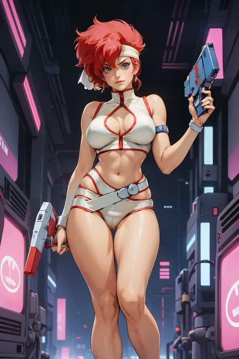 Kei from The Dirty Pair, , wearing a tight outfit, skimpy, medium breast, red hair beauty, cyberpunk city background, holding retro space-gun, headband, slim waist, slim thighs, thigh gap