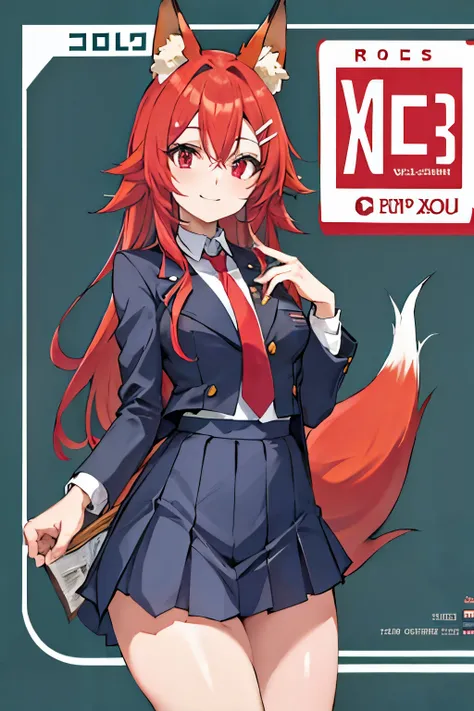 Firefox-Skollie, red eyes, fox girl, multiple tails, multicolored hair, 1girl, hairclip, solo, light smile, small breasts, looking at viewer, 
, pleated skirt, necktie, open jacket, magazine cover, simple background, 
(masterpiece:1.1), (best quality:1.1),...