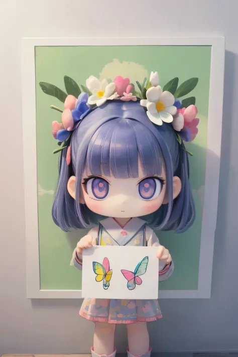 The following scenes will be expressed using chibi girl dolls.（Photoreal、A girl is drawing pictures of tulip flowers and butterflies on the wall with crayons.、The picture is a child&#39;s doodle, but it&#39;s very colorful.）