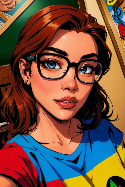 portrait, nerdy, face, bronze skinned, eyes, vibrant hair, masterpiece, best quality, selfie, illustrated, comics