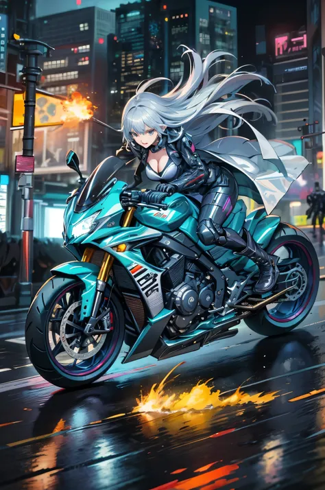 (masterpiece), highest quality, expressive eyes,swaying hair,dynamic hair, cyber punkの衣装を着て武装する、break cityストリート、Armed girl riding a motorbike, shining eyes、silver hair、Shiny long coat with front opening, Under the coat is a shiny rubber suit, gloves, shiny...