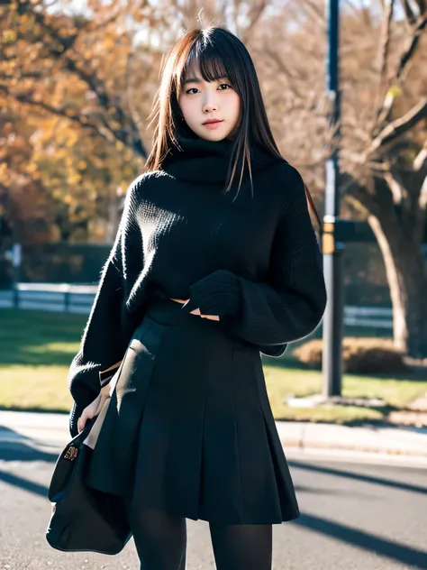 (masterpiece:1.2), super high quality, ((japanese girl)), (Super realistic), (Super Photo Style), 1 girl, sexy 18 year old girl, ((slender body)),  outdoor, skirt, sweater, winter days, (Pitch black tights), 