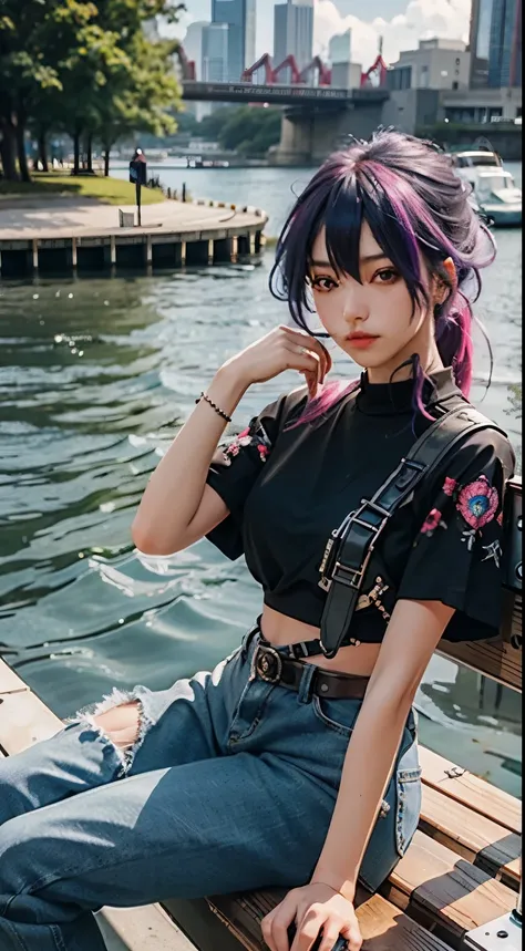 online world, colored hair ((pretty face)), fishing nets, punk, sitting on a bench, urban_gal ((best quality)), ((masterpiece)) ...