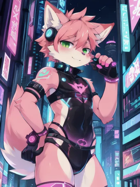 masterpiece, perfect anatomy, solo, 1boy, Furry, kemono, furry shota,  furry fox, anthropomorphic, male, pink fur, pink skin, green eyes, femboy, cyberpunk clothes, revealing clothes, cyberpunk city, strip club, uploaded on e621, Cyberpunk technology. cybe...