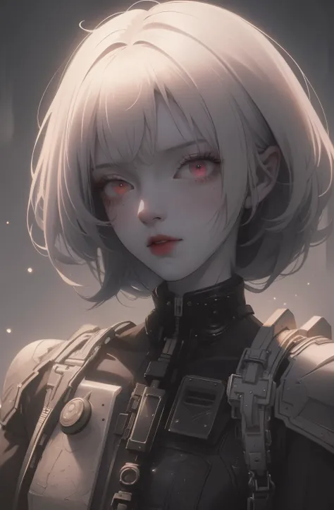 ((gloomy biopunk atmosphere)), (beautiful anime biopunk girl), (dark gray skin), lamp glowing eyes, very long brown hair, short clothing, steel dots in skin, cold lighting, (scorn videogame style), horror atmosphere, presence of something terrible, biopunk...