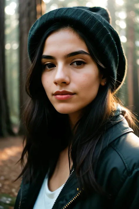 photograph of a woman, (sympathetic facial expression), textured skin, goosebumps, jet black half-up half-down hair, faux fur-lined parka with skinny jeans and beanie, group profile, towering ancient redwood trees creating a sense of wonder and awe, perfec...