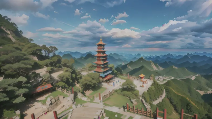 a view of a pagoda tower on a mountain with a blue sky, baotou china, pagodas on hills, nanquan, xianxia, Guangjian, pagoda, Taoist temple and monks, qiangshu, Vision, ( visually stunning, video, full view, Baishi ancient city, a beautiful, Chinese archite...