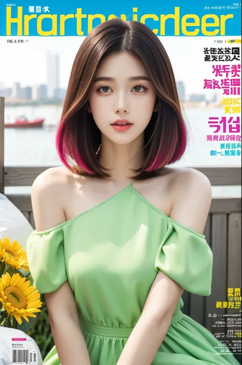 Masterpiece, Best quality, spring outfit,shoulder length straight bob hair, Colorful hair,  Outdoor, Magazine Cover ,Upper body,slim