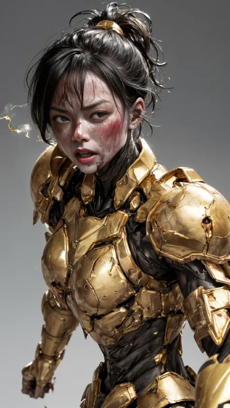 rough skin, Super detailed, advanced details, high quality, 最high quality, High resolution, 1080p 、Bleeding from the wound、sexy eyes、wearing gold and black、cute((My whole body is sweaty))(Equipped with damaged combat uniform....)(golden armor)(broken armor...