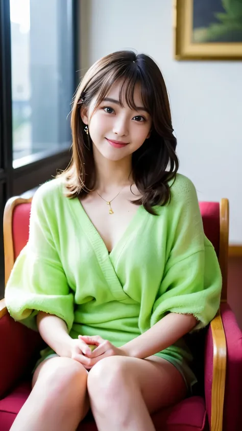 Best-quality, Masterpiece, Ultra-High-Resolution, (Photorealistic:1.4), Raw-Photo, 1girl, the most famous Japanese idol, in luxury-hotel-suits, sitting on luxurious-chair, hands on chest, wearing spring-clothes, (extremely cute face like the most popular J...