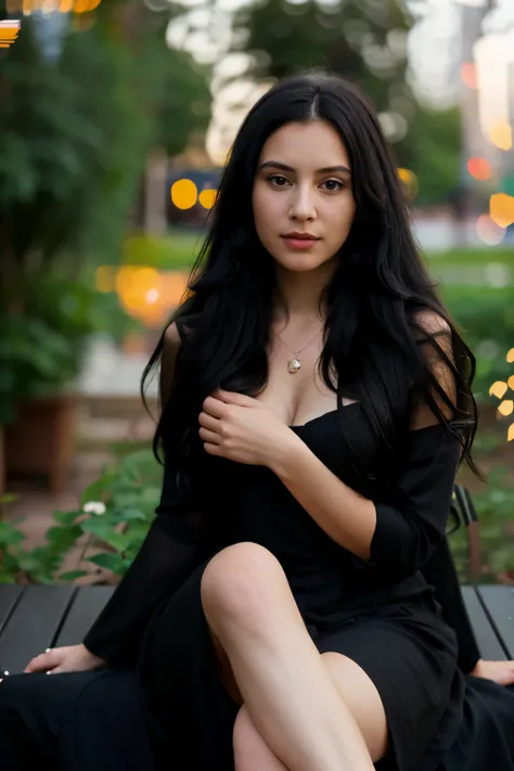 500R,((a woman sitting in a long black dress, long black hair)),bright background,work of art,best quality,super detailed,high resolution,very detailed,8k hd,(fidelity:1.5),realistic, (Natural light), (Bokeh: 1.5), (depth of field), Bokeh background, amazi...