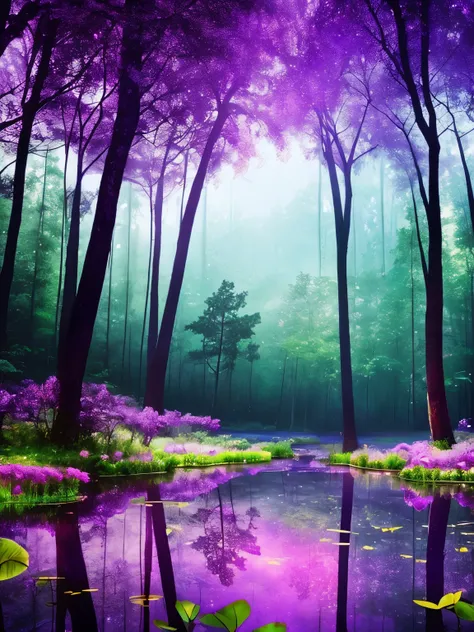 purple flowers are blooming in a forest near a pond, a matte painting by Jaroslava Korol, flickr, conceptual art, glowing purple, dark purple swamp, magical forest in the background, mystical forest lagoon, soft purple glow, in serene forest setting, purpl...