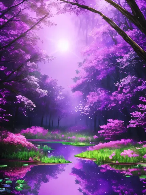 purple flowers are blooming in a forest near a pond, glowing purple, dark purple swamp, magical forest in the background, mystical forest lagoon, soft purple glow, in serene forest setting, purple glow, magical forest, magical fantasy forest, extremely bea...