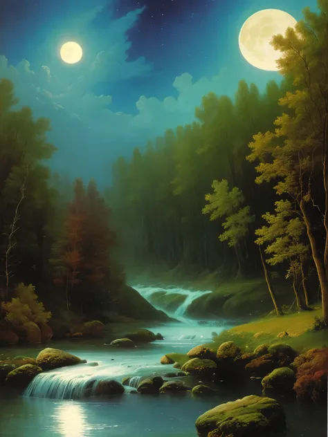 painting of a river with a full moon in the background, by Konrad Klapheck, mystical scene, ethereal ghostly atmosphere, ethereal aurora spirits, by Louis Janmot, by Wilhelm Heise, by Ivan Kramskoi, misty wisps, by Théodore Chassériau, by Anton Räderscheid...