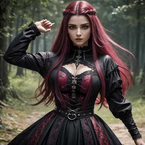 Mulher, medusa, (Feudal Middle Ages:1.1), Slavic appearance, (longo liso roxo gradiente de cabelo pro vermelho), (Olhos vermelhos), (look of strong expression), batom roxo, pele clara, (Black Gothic clothes with red details:1.1), Yellow scales on the hands...