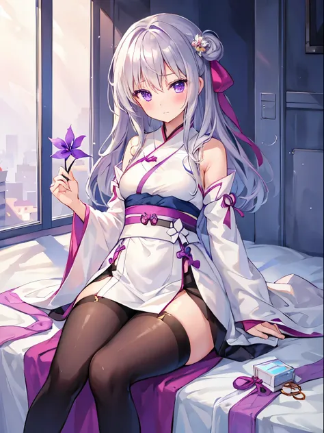 1girl , Silver medium hair, purple eyes, cute, blush, medium breasts⁩, Hanfu, tights is visible, No underwear