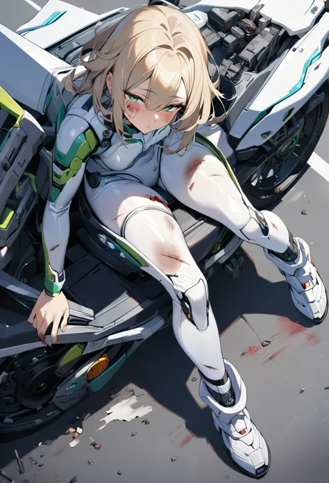 1girl,Sala,original,solo,green eyes,blonde hair,white body suit,half closed eyes,scratches,bleeding,battle damaged,siting on road,sit on the back of the bike,depth of field,full body,Science fiction,ultra-detailed,sharp focus,(best quality)