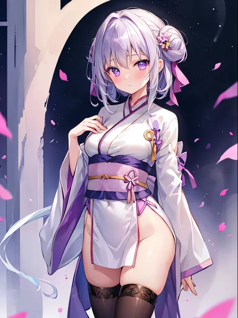 1girl , Silver medium hair, purple eyes, cute, blush, medium breasts⁩, Hanfu, tights is visible, No underwear