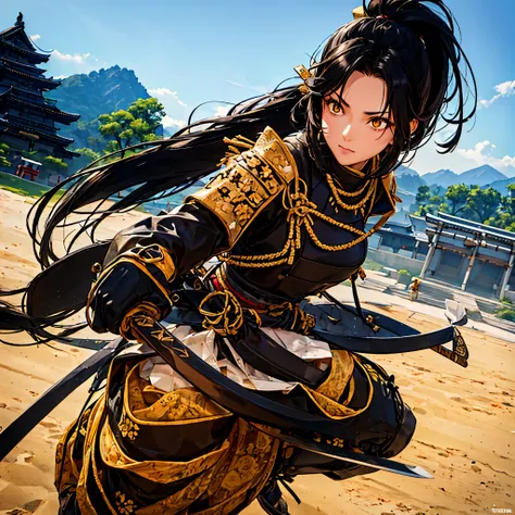 a woman with black hair, ponytailed hair, yellow eyes, wearing black samurai armor with gold trim, holding a katana, outside a t...