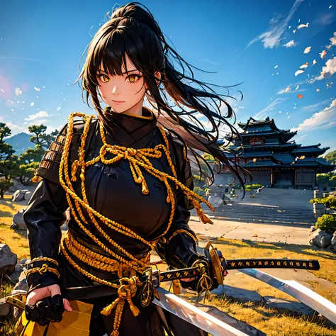 a woman with black hair, ponytailed hair, yellow eyes, wearing black samurai armor with gold trim, holding a katana, outside a t...