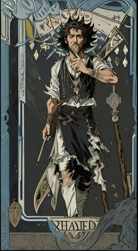 Masterpiece, Best Quality, Ultra-Detailed, a card of a man with simple, torn clothes, raggedly dressed, wandering with a bundle of clothes on a stick, (((tarot card:1.0))), card, tarot