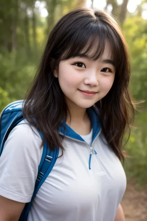 Perfectly illuminated (close up:1.15) (medium shot portrait:0.6) a beautiful high school student，Meaty cheeks，charming，Photo standing on a hiking trail, Wear funny clothes, Look at me, shy smile，positive face，clear facial features