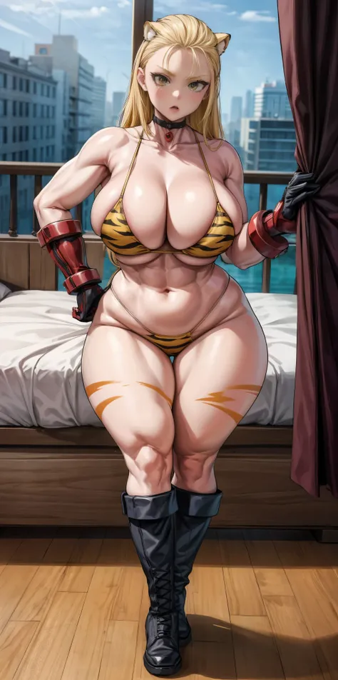 Young woman wearing a yellow tiger bikini print, leather black collar, big knockers cleavage, militar boots, wearing gloves, view to the camera, wide hips, standing on her knees on bed, bedroom background