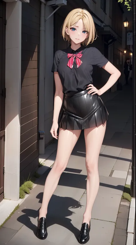 (8K, original photography, best quality,）a girl，20 years old，（blonde short hair，Thick hair），slim body，((The legs are thin and straight))，jk，（（Very short pleated skirt，miniskirt）），（（bare legs，not wearing any socks）），black leather shoes，（full-body shot），wink