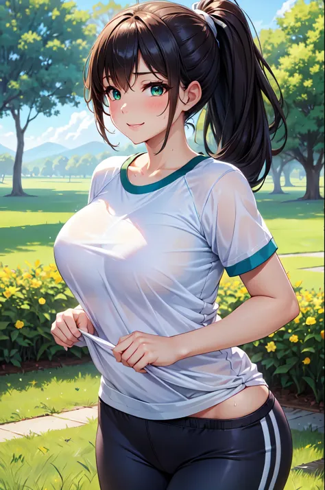 (High quality, High resolution, Fine details), jogging wear, BREAK White top, BREAK Black Pants, sunny day, clear sky, BREAK green grass, scenic background, natural beauty, morning exercise, solo, curvy women, ponytail, sparkling eyes, (Detailed eyes:1.2),...