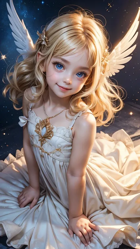 beautiful toddler girl cupid, smile, big eyes, blonde, Angel wings on the back, facing front, looking at viewer, from above:1.3, A soft, fluffy and neat dress, Background with many sparkling stars, Prayer-like pose, photorealistic,