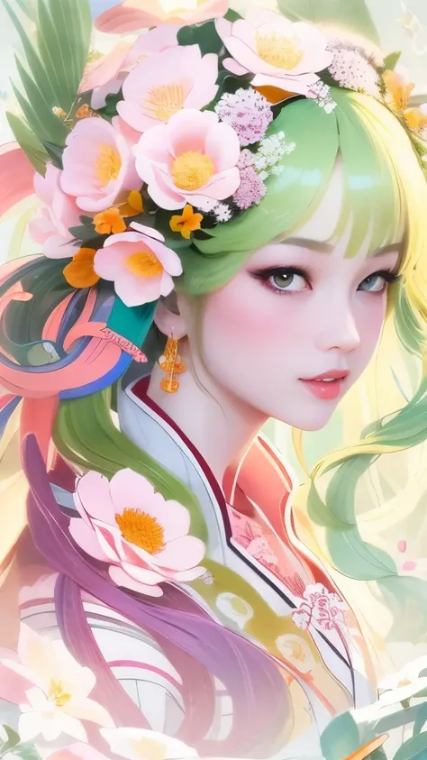 official art， Unity 8k壁纸， Super detailed， Beautiful and beautiful， masterpiece， best quality， （realistically：1.4， grace， Bright colors， ， Zhong Fenghua， 1 girl， lips slightly open， （Flowers twinkle：1.5）， （solo：1.5）， （looking into camera：1.3）， Umbellate， （S...