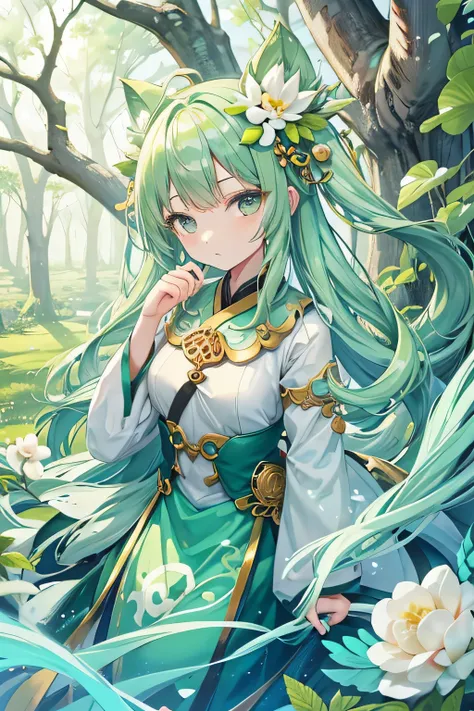 14歳のwoodの精霊の女の子、looks young、bright mint green hair、long hairstyle、expressionless face、wood々A sanctuary overflowing with