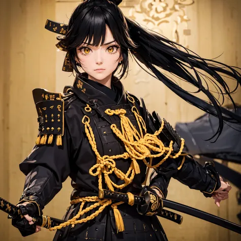 a woman with black hair, ponytailed hair, yellow eyes, wearing black samurai armor with gold trim, holding a katana, outside a t...