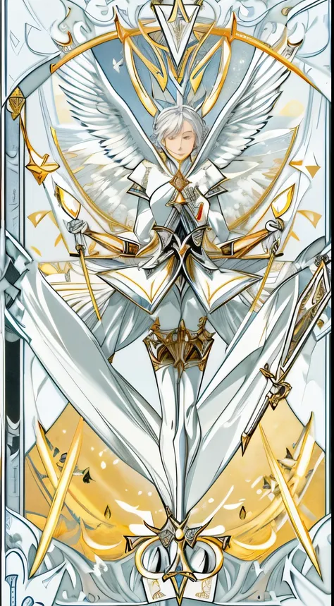 Masterpiece, Best Quality, Ultra-Detailed, a card of two swords with white handles and silver blades crossing each other, tied by a white silk ribbon, with several white pigeons flying in the background and golden lights showing off, conceptual art (((taro...