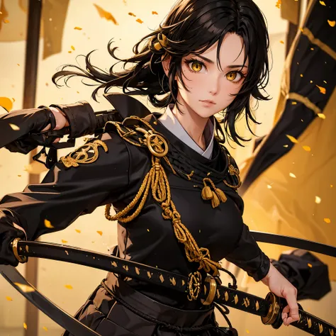 a woman with black hair, ponytailed hair, yellow eyes, wearing black samurai armor with gold trim, holding a katana, outside a t...