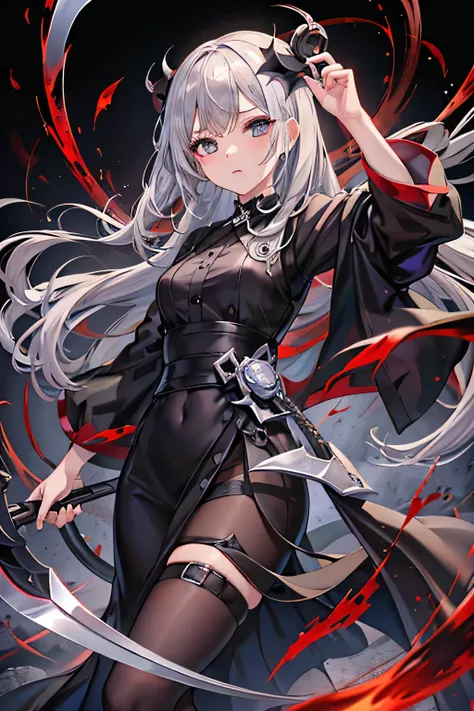 17 year old Shinigami girl、light gray hair、Wear the Grassedium hairstyle、expressionless face、Has a big sickle、wearing black clothes