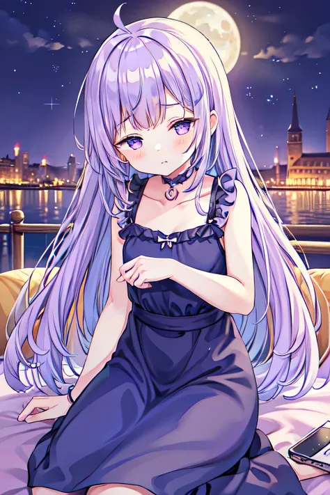 14 year old goddess girl、looks young、light purple hair、medium hairstyle、sleepy face、Moon night background