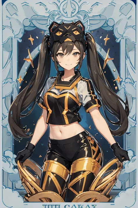 ip1, 1girl, cat mask, crop top, tight pants, twintails, short sleeves, gloves, tarot card, black, little smile