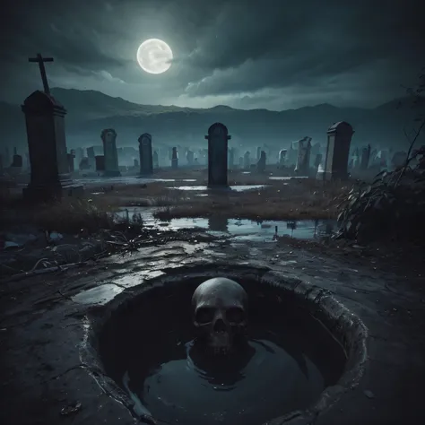 crazy evil landscape. tentacles springing from the abyss, polluted river, creepy cemetery, bloody moon, unreal engine, uhd sketc...