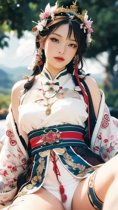 Blue sky and white clouds，Yunshan in the distance、tower and many people，pink flowers，Cherry tree，Hanfu woman,Phoenix Crown Tiara、Detailed embroidery、穿Hanfu裤袜、Hanfu、穿着长袖Hanfu、Transparent and clearly visible、Look and、Bare oversized breasts、raw,(8K、top qualit...