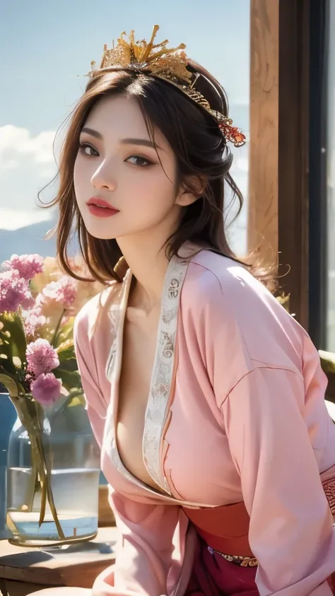 Blue sky and white clouds，Yunshan in the distance、tower and many people，pink flowers，Cherry tree，Hanfu woman,Phoenix Crown Tiara、Detailed embroidery、穿Hanfu裤袜、Hanfu、穿着长袖Hanfu、Transparent and clearly visible、Look and、Bare oversized breasts、raw,(8K、top qualit...