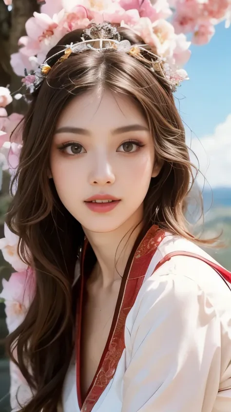 Blue sky and white clouds，Yunshan in the distance、tower and many people，pink flowers，Cherry tree，Hanfu woman,Phoenix Crown Tiara、Detailed embroidery、穿Hanfu裤袜、Hanfu、穿着长袖Hanfu、Transparent and clearly visible、Look and、Bare oversized breasts、raw,(8K、top qualit...