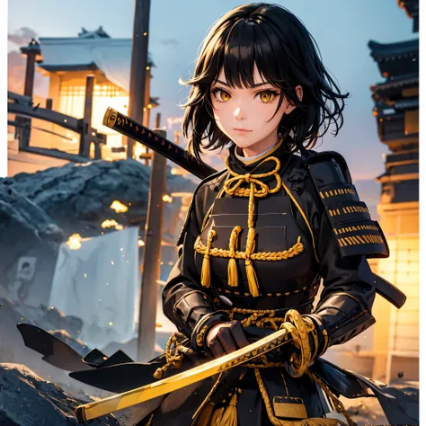 a woman with black hair, ponytailed hair, yellow eyes, wearing black samurai armor with gold trim, holding a katana, outside a t...